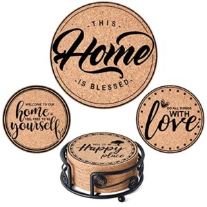 natural coasters for drinks absorbent cork coasters with holder set of 8, thick coaster for drink, cups, mugs, gift for friends, new home, housewarming gifts, living room decor, apartment decor