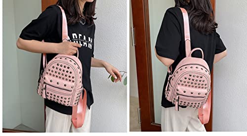 Ladies Women PU Leather Backpack Rivet Studded Cute Satchel School Bags (Pink-S)