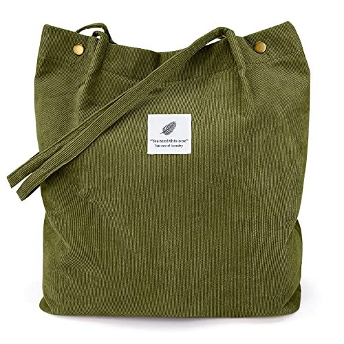 Women Corduroy Tote Bag, Shoulder Purses for Office School Shopping Travel (Army Green)