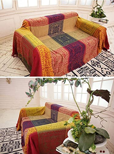 FinalNest Bohemian Tribal Throws Blankets Reversible Colorful Red Blue Boho Hippie Chenille Jacquard Fabric Throw Covers Large Couch Furniture Sofa Chair Loveseat Recliner Oversized (Red,L:102x87)