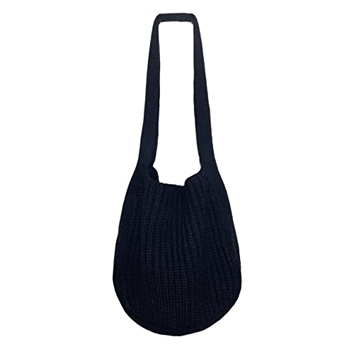 Women Retro Summer Hobo Bag Trendy Knitted Shoulder Bags Mesh Hollow Tote Bag Fairycore Grunge Aesthetic Beach Purse (Black)