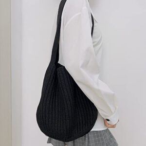 Women Retro Summer Hobo Bag Trendy Knitted Shoulder Bags Mesh Hollow Tote Bag Fairycore Grunge Aesthetic Beach Purse (Black)