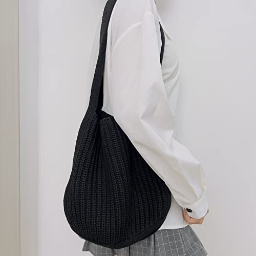 Women Retro Summer Hobo Bag Trendy Knitted Shoulder Bags Mesh Hollow Tote Bag Fairycore Grunge Aesthetic Beach Purse (Black)