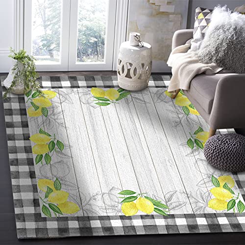 AmbeHome Large Area Rug 5' x 7' Bedroom Rugs, Lemon Runner Rug Non Slip Kitchen Rug Washable Floor Carpet Mat for Living Room Bathroom Outdoor Summer Farmhouse Wooden Grain Checkered