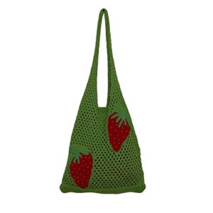 women fairycore hobo bag trendy strawberry knitted shoulder bags mesh hollow tote bag aesthetic fairy grunge beach purse (green)