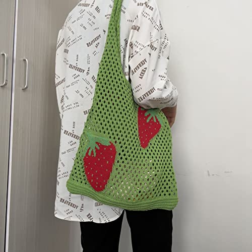 Women Fairycore Hobo Bag Trendy Strawberry Knitted Shoulder Bags Mesh Hollow Tote Bag Aesthetic Fairy Grunge Beach Purse (Green)