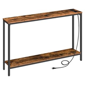 hoobro console table with charging station, 47.2” narrow entryway table with power outlets and usb ports, skinny sofa table, behind couch table, for entryway, hallway, foyer, rustic brown bf201xg01