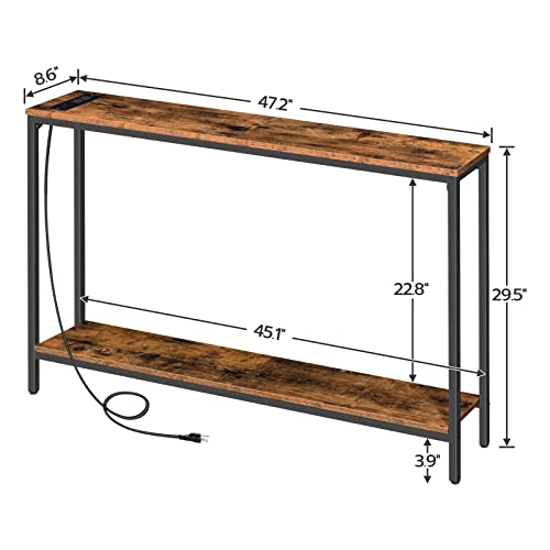 HOOBRO Console Table with Charging Station, 47.2” Narrow Entryway Table with Power Outlets and USB Ports, Skinny Sofa Table, Behind Couch Table, for Entryway, Hallway, Foyer, Rustic Brown BF201XG01