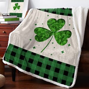 sherpa fleece throw blanket irish saint patricks green shamrock,super soft luxury reversible blankets warm cozy throws for sofa couch bed holiday light clover black plaid vintage cotton linen 50x80in