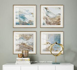 gold and blue abstract wall art for living room- framed modern print glass wall decor for office- 4 piece artwork for bedroom bathroom home decoration ready to hang 20×20 inches x4