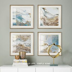 Gold and Blue Abstract Wall Art For Living Room- Framed Modern Print Glass Wall Decor For Office- 4 Piece Artwork for Bedroom Bathroom Home Decoration Ready to Hang 20x20 inches x4