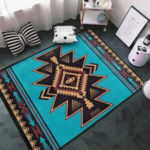 Indian Native American Turquoise Navajo Geometric Area Rugs Home Decor Pad for Living Room Bedroom Bathroom Floor Mat Non-Slip Carpets 5'x7'