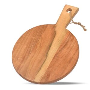 samhita round acacia wood cutting board with handle for chopping and serving charcuterie, cheese, pizza, bread – wall décor ( 13″ x 9″ x 0.75″)
