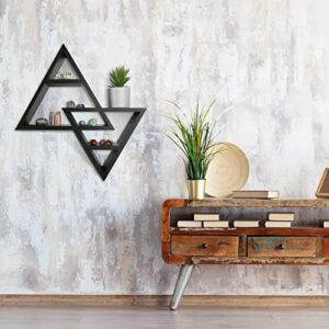 ANROYE Moon Phases Triangle Shelf with Hooks, Wiccan Black Wood Crystal Shelves for Storage Jewelry Gem Stone, Pagan Pyramid Geometrical Decor Holder Display for Altar Meditation Aesthetic Yoga Room