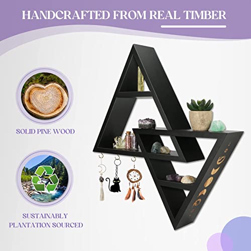 ANROYE Moon Phases Triangle Shelf with Hooks, Wiccan Black Wood Crystal Shelves for Storage Jewelry Gem Stone, Pagan Pyramid Geometrical Decor Holder Display for Altar Meditation Aesthetic Yoga Room