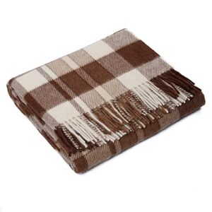 scottish dusk – alpaca throw blanket handwoven soft warm camel/ivory/brown plaid design 76″ x 68″