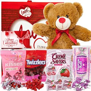 valentine’s day gift basket | teddy bear plush, twizzlers bites, hershey kissees, creme savers, tootsie candy, bag & card – her girl friend kids lover (love)