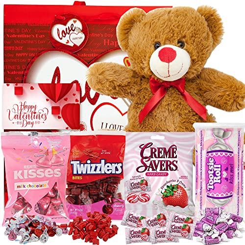 Valentine's Day Gift Basket | Teddy Bear Plush, Twizzlers Bites, Hershey Kissees, Creme Savers, Tootsie Candy, Bag & Card - Her Girl Friend Kids Lover (Love)