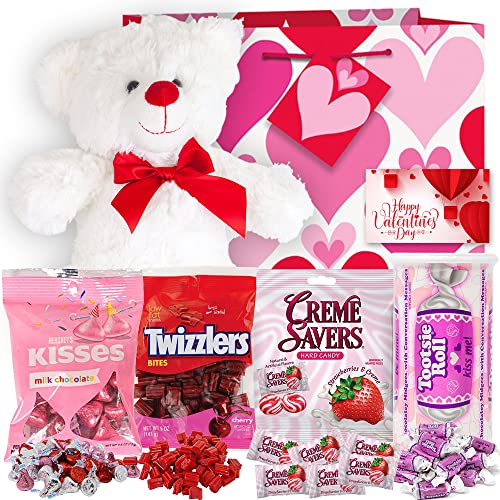 Valentine's Day Gift Basket | Teddy Bear Plush, Twizzlers Bites, Hershey Kissees, Creme Savers, Tootsie Candy, Bag & Card - Her Girl Friend Kids Lover (Love)