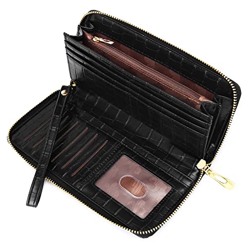 Badiya Womens Wallet RFID Blocking Leather Zip Around Wallet Large Capacity Credit Card Long Purse Clutch Wristlet