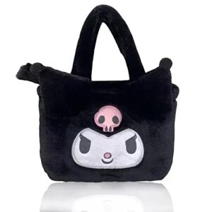 cute bag portable kuromi plush handbag kawaii purse anime cartoon soft fluffy japanese lolita lovely shoulder bag for girls women (black)