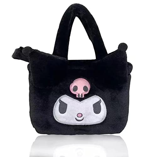 Cute Bag Portable Kuromi Plush Handbag Kawaii Purse Anime Cartoon Soft Fluffy Japanese Lolita Lovely Shoulder Bag for Girls Women (BLACK)