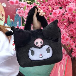 Cute Bag Portable Kuromi Plush Handbag Kawaii Purse Anime Cartoon Soft Fluffy Japanese Lolita Lovely Shoulder Bag for Girls Women (BLACK)