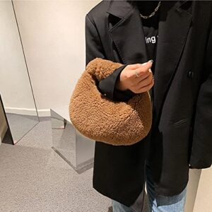 Women Plush Dumpling Bags,Faux Fur Top-Handle Bag with Pure Color+Zipper,Autumn and Winter Evening Bags (Color : Brown, Size : 25x15x8cm)