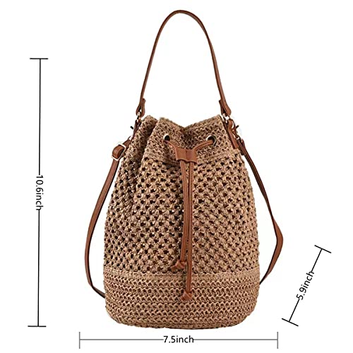 WIGUYUN Women Straw Drawstring Bucket Purse Small Tote Shoulder Handbag Hollow Out Cross-body Bag for Summer,Beach Light Brown