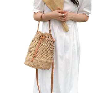 WIGUYUN Women Straw Drawstring Bucket Purse Small Tote Shoulder Handbag Hollow Out Cross-body Bag for Summer,Beach Light Brown