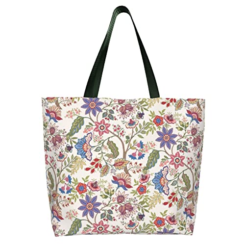 Canvas Tote Bag with Interior Pocket Sturdy Lining Large Shopping Bag for Women Durable Lady Totes Flower Print