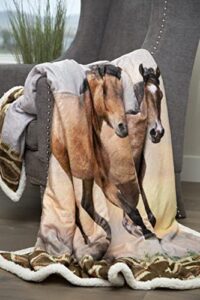 carstens wild horses western plush sherpa throw blanket 54” x 68”, brown