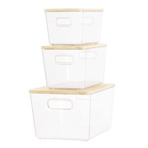 Navaris Transparent Plastic Storage Boxes with Lids - Set of 3 Clear Stackable Household Organizing Containers Bins with Bamboo Lids - S, M, L