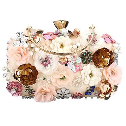 Rkrouco Floral Evening Clutch Bag for Women - Handbag with Metal Rhinestones (Champagne)