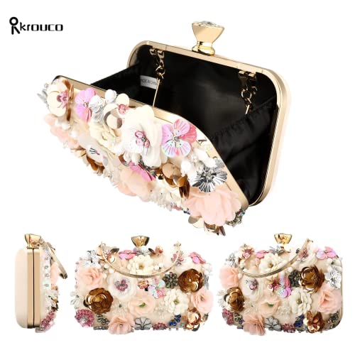 Rkrouco Floral Evening Clutch Bag for Women - Handbag with Metal Rhinestones (Champagne)