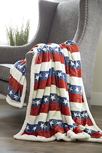 Carstens Americana American Flag Plush Sherpa Throw Blanket 54" x 68", White