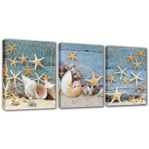 starfish picture bathroom wall decor seashell canvas wall art artwork for bedroom office living room decor 3 pieces beach coastal conch nautical print woodern framed painting ready to hang 12×16 inch