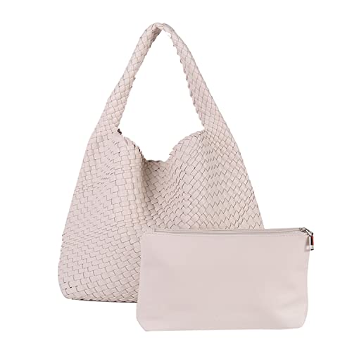 Women Vegan Leather Hand-Woven Tote Handbag Fashion Shoulder Top-handle Bag All-Match Underarm Bag with Purse (Creamy white)