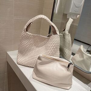 Women Vegan Leather Hand-Woven Tote Handbag Fashion Shoulder Top-handle Bag All-Match Underarm Bag with Purse (Creamy white)