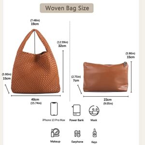 Women Vegan Leather Hand-Woven Tote Handbag Fashion Shoulder Top-handle Bag All-Match Underarm Bag with Purse (Creamy white)