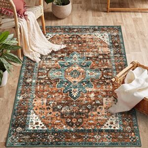 Moynesa Ultra-Thin Washable Vintage Area Rug - 3x5 Persian Non-Slip Entryway Rug Oriental Medallion Living Room Rug Entrance Mat Carpet for Kitchen Laundry Bathroom Bedroom, Brick Red/Dull Teal