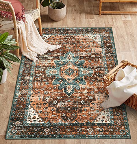 Moynesa Ultra-Thin Washable Vintage Area Rug - 3x5 Persian Non-Slip Entryway Rug Oriental Medallion Living Room Rug Entrance Mat Carpet for Kitchen Laundry Bathroom Bedroom, Brick Red/Dull Teal