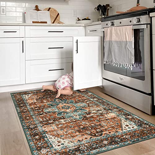 Moynesa Ultra-Thin Washable Vintage Area Rug - 3x5 Persian Non-Slip Entryway Rug Oriental Medallion Living Room Rug Entrance Mat Carpet for Kitchen Laundry Bathroom Bedroom, Brick Red/Dull Teal