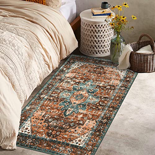 Moynesa Ultra-Thin Washable Vintage Area Rug - 3x5 Persian Non-Slip Entryway Rug Oriental Medallion Living Room Rug Entrance Mat Carpet for Kitchen Laundry Bathroom Bedroom, Brick Red/Dull Teal