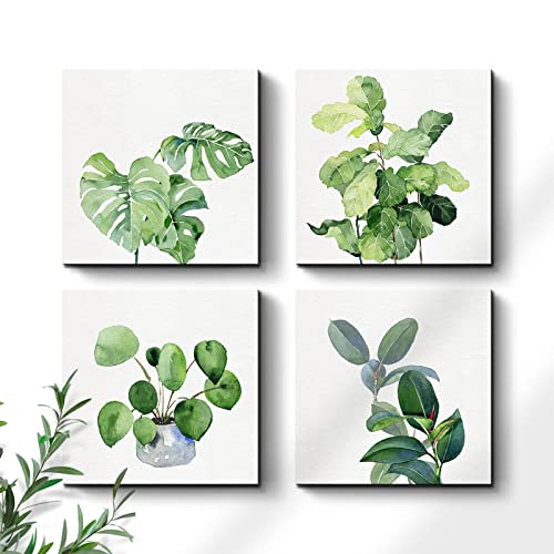 kk·color Botanical Prints Wall Art for Living Room,Canvas,riginal Designed Green plant watercolor painting,Green leaves,Wall art for Office Bedroom BathRoom 4 Piece 12" X 12"