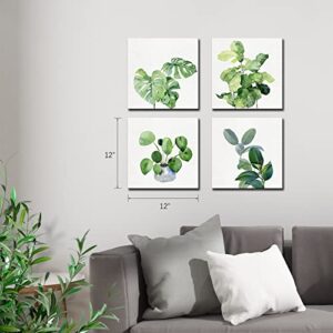 kk·color Botanical Prints Wall Art for Living Room,Canvas,riginal Designed Green plant watercolor painting,Green leaves,Wall art for Office Bedroom BathRoom 4 Piece 12" X 12"