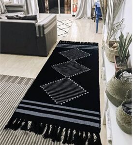 boho kitchen rug runner 2.3’x5.3′ bathroom rugs with tassels,black moroccan farmhouse cotton bath mat woven chic cute throw sink rug washable for hallway bedroom living room indoor outdoor decor