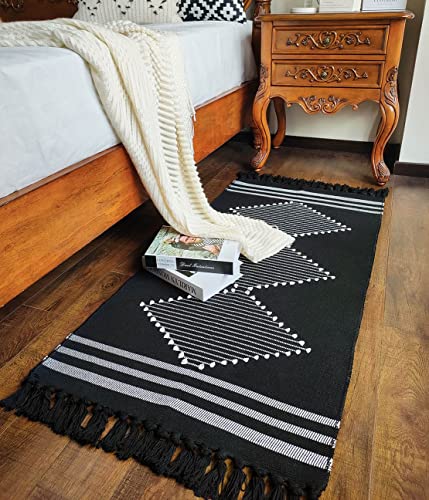 Boho Kitchen Rug Runner 2.3'x5.3' Bathroom Rugs with Tassels,Black Moroccan Farmhouse Cotton Bath Mat Woven Chic Cute Throw Sink Rug Washable for Hallway Bedroom Living Room Indoor Outdoor Decor