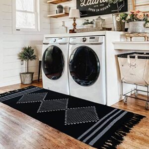 Boho Kitchen Rug Runner 2.3'x5.3' Bathroom Rugs with Tassels,Black Moroccan Farmhouse Cotton Bath Mat Woven Chic Cute Throw Sink Rug Washable for Hallway Bedroom Living Room Indoor Outdoor Decor