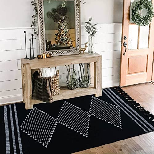 Boho Kitchen Rug Runner 2.3'x5.3' Bathroom Rugs with Tassels,Black Moroccan Farmhouse Cotton Bath Mat Woven Chic Cute Throw Sink Rug Washable for Hallway Bedroom Living Room Indoor Outdoor Decor